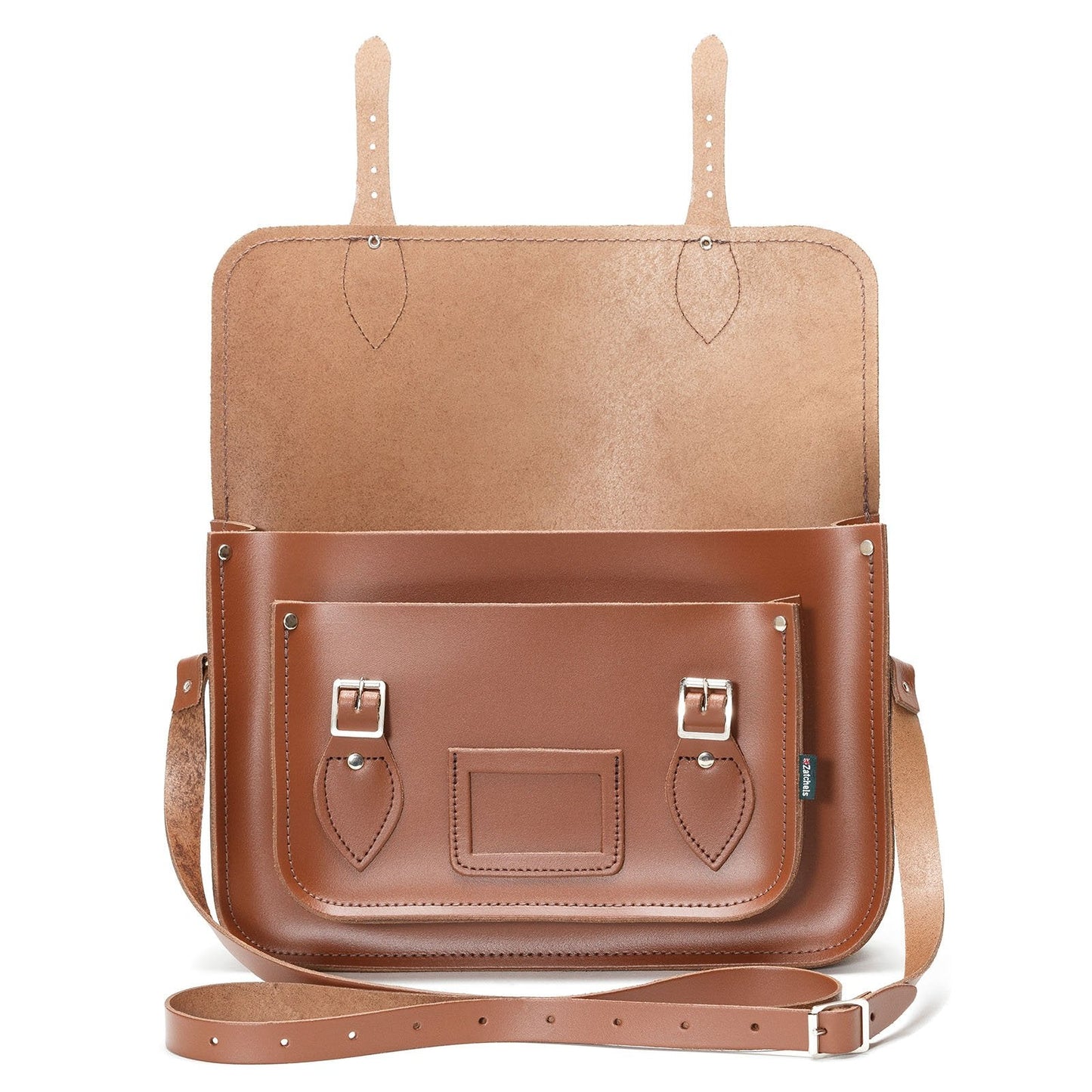 Handmade chestnut leather satchel showcasing elegant craftsmanship with adjustable strap, perfect for personalisation options.