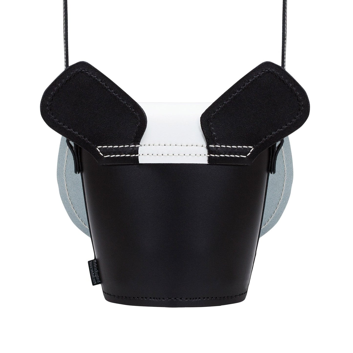 Chi Chi Panda Handmade Leather Barrel Bag featuring a unique appliquéd leather face, meticulously crafted in England, exemplifying luxury and charm.