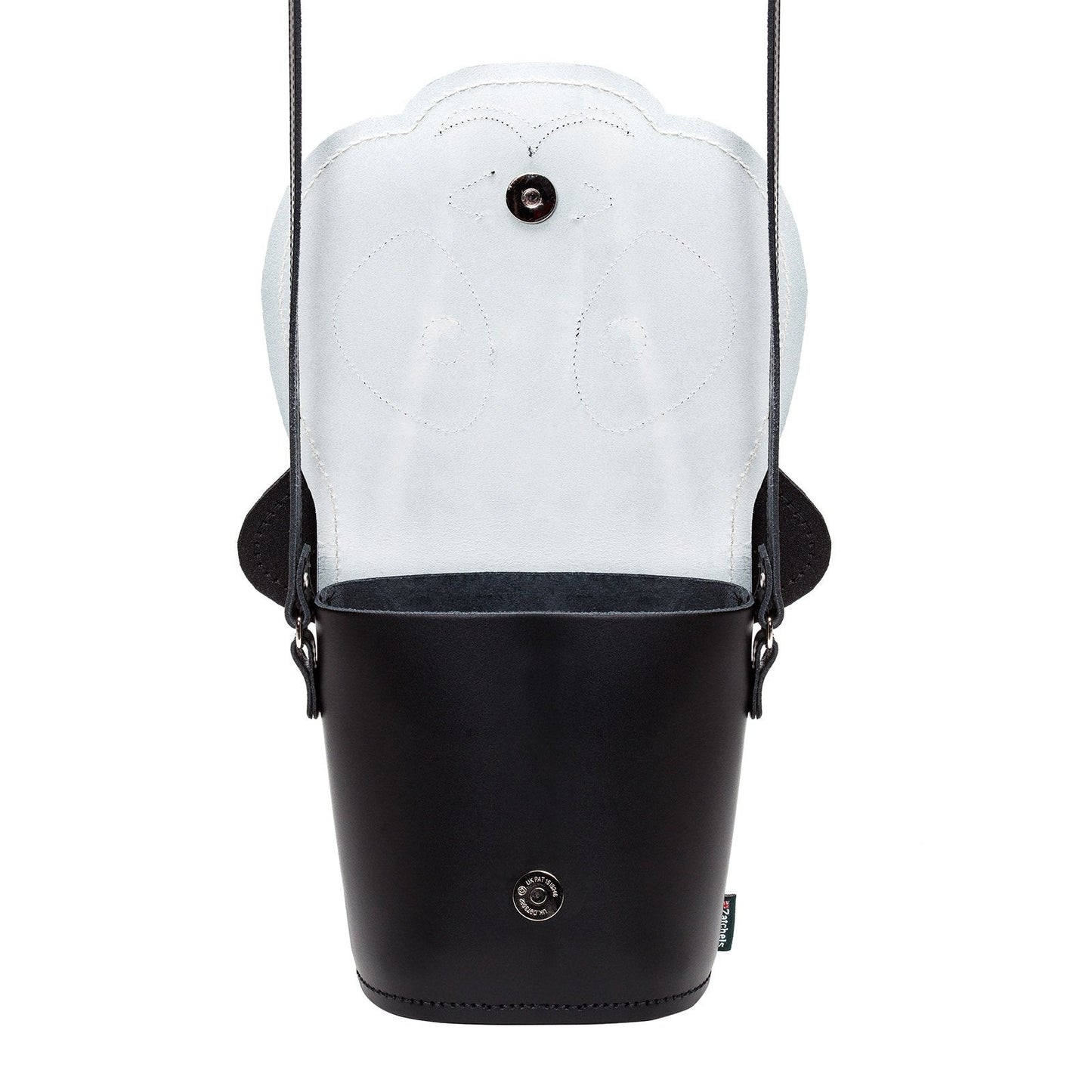 Chi Chi Panda Barrel Bag with adjustable strap, showcasing intricate hand stitching and a personalisation option, perfect for stylish, animal-loving individuals.