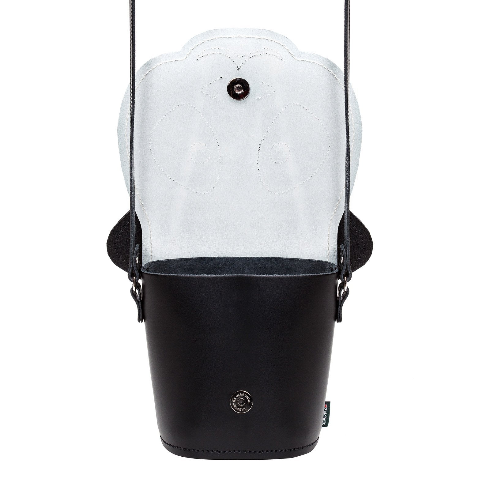 Chi Chi Panda Barrel Bag with adjustable strap, showcasing intricate hand stitching and a personalisation option, perfect for stylish, animal-loving individuals.