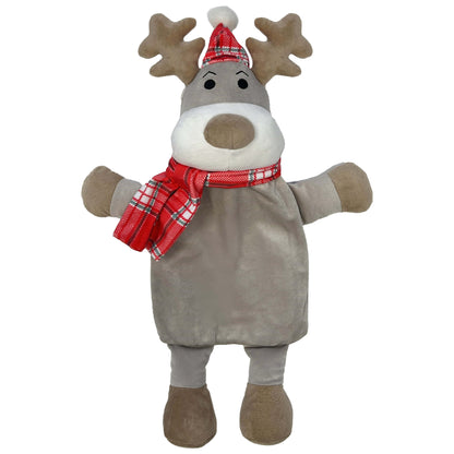 Luxurious festive reindeer hot water bottle with soft fleece cover, designed for warmth and comfort during winter. Perfect gift for the holiday season.