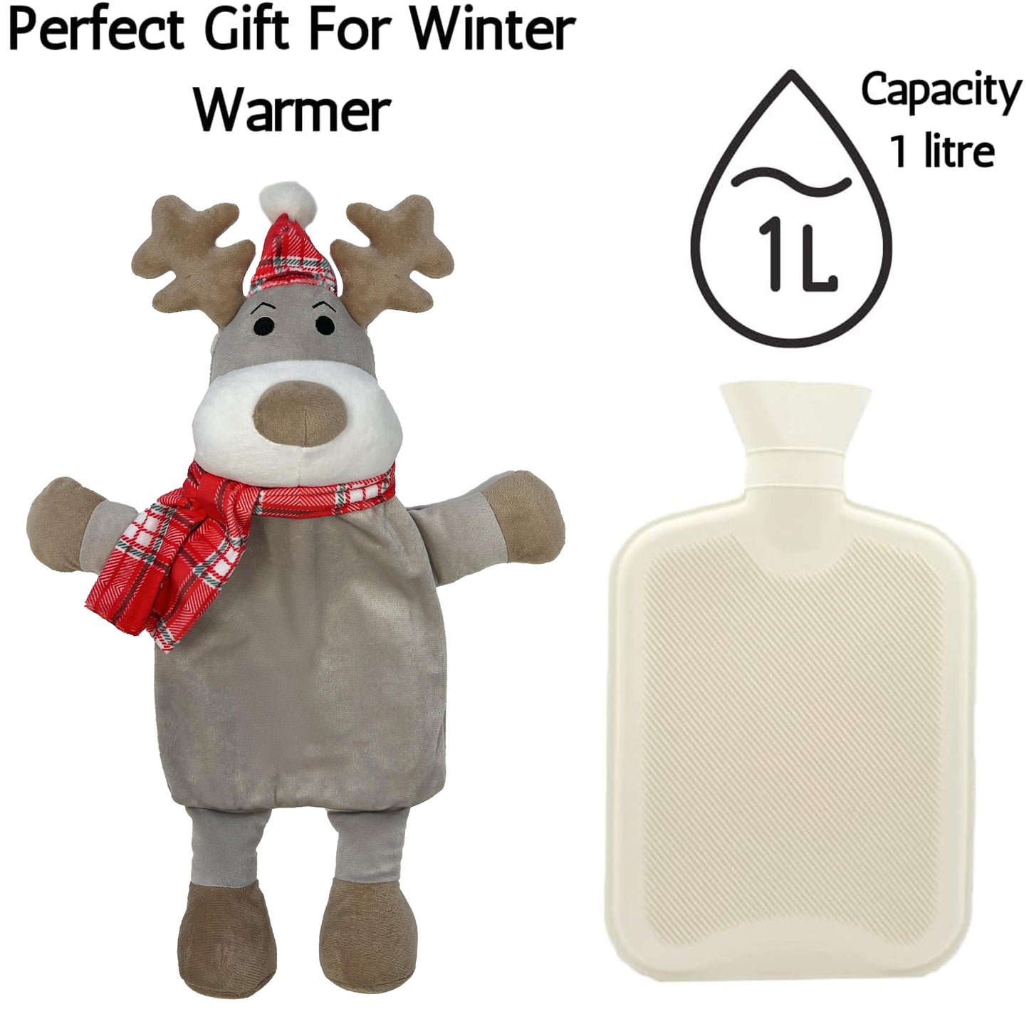 Elegant close-up of premium natural rubber hot water bottle, showcasing quality craftsmanship and the adorable festive reindeer design, ideal for cozy winter nights.