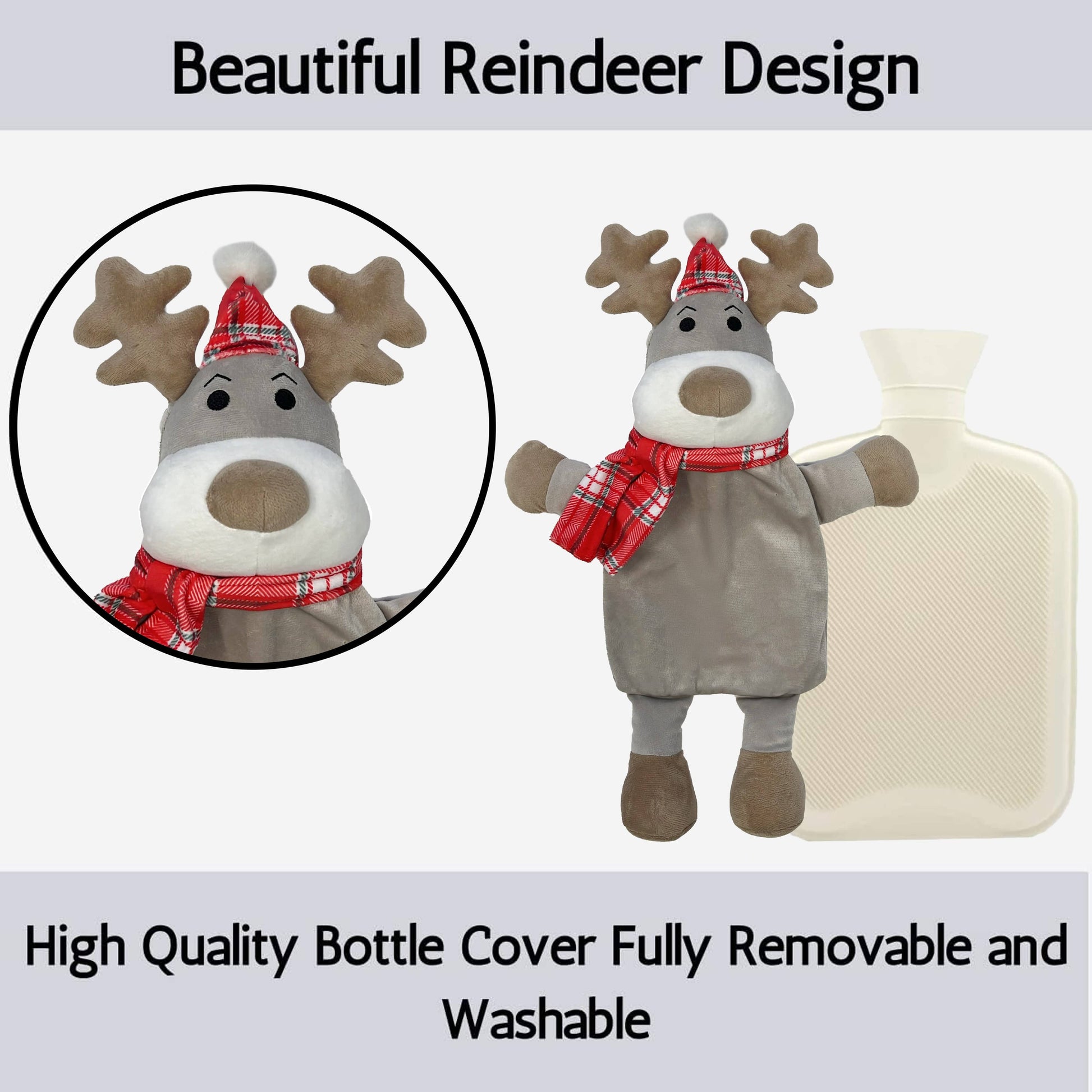 Stylish lifestyle image of a Christmas hot water bottle with reindeer cover, perfect for soothing aches and keeping warm, making it an exquisite addition to your winter essentials.