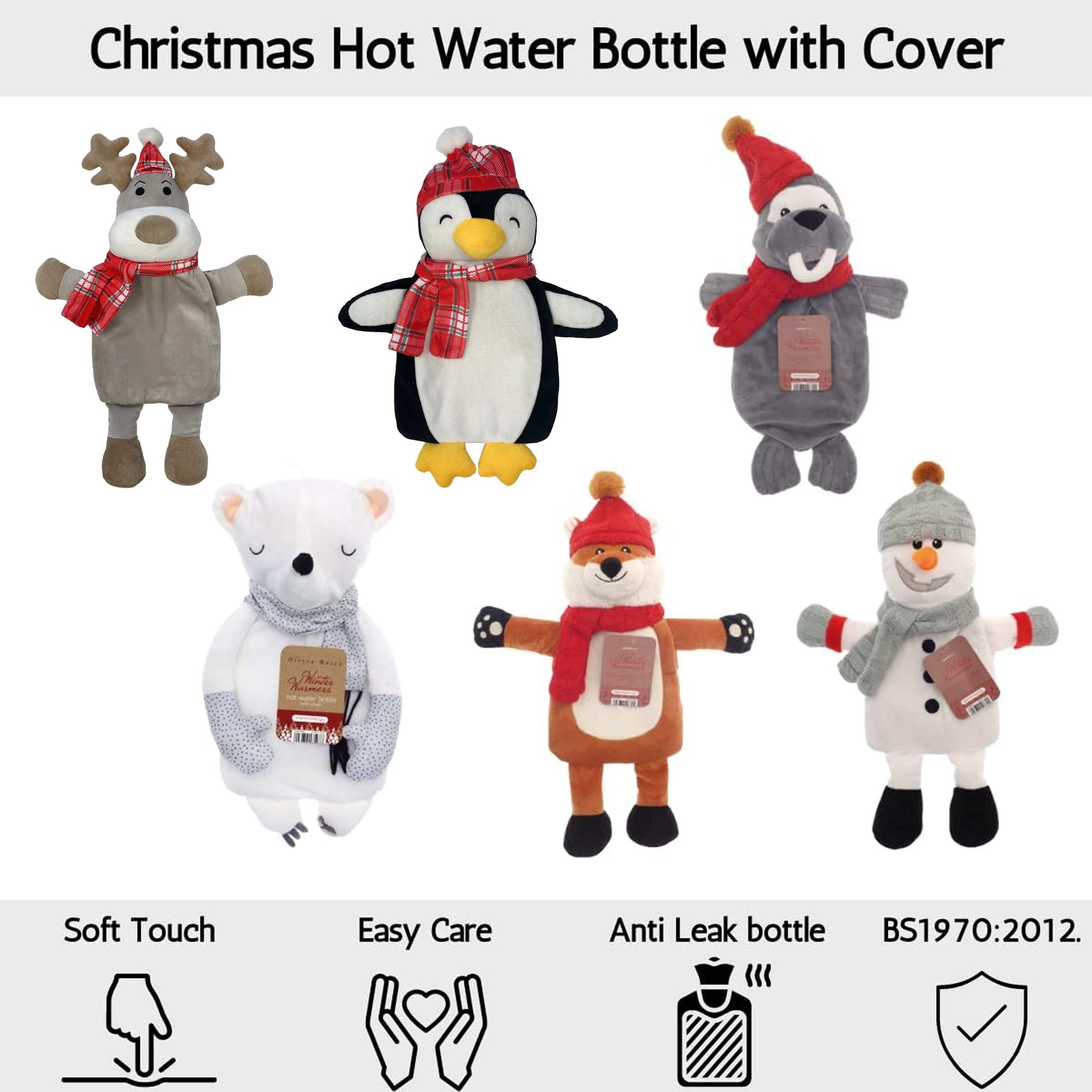 Luxury Christmas Hot Water Bottle with Festive Reindeer Cover 1L, crafted from natural rubber for optimal heat retention, perfect for winter warmth and aesthetic charm.