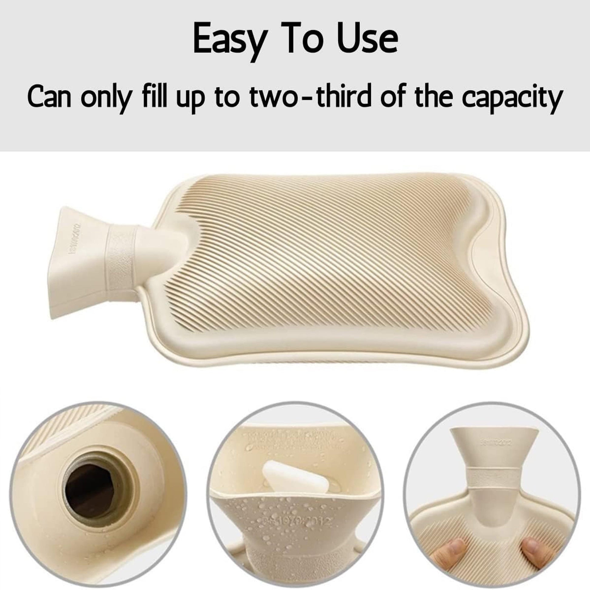 Stylish detail of the high-quality natural rubber construction of the hot water bottle, ensuring safety and durability, ideal for soothing aches and providing winter warmth.