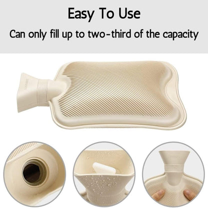 Stylish detail of the high-quality natural rubber construction of the hot water bottle, ensuring safety and durability, ideal for soothing aches and providing winter warmth.