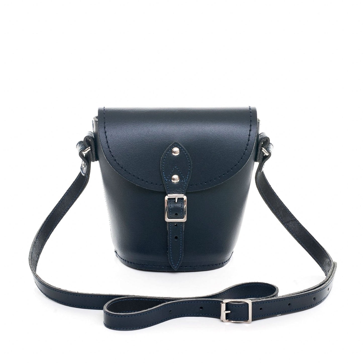 Luxury Handmade Navy Leather Barrel Bag by Zatchels, showcasing exquisite craftsmanship with a matching cable stitch and silver nickel buckle, ideal for fashionable outings.