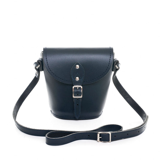 Luxury Handmade Navy Leather Barrel Bag by Zatchels, showcasing exquisite craftsmanship with a matching cable stitch and silver nickel buckle, ideal for fashionable outings.