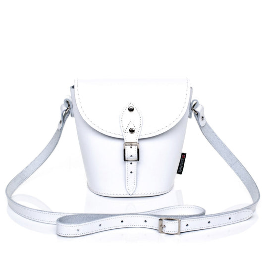 Elegant Handmade Leather Barrel Bag in White, showcasing exquisite craftsmanship and luxury design, available in small and plus sizes with personalised options.