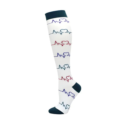 Sophisticated women's knee length compression travel socks designed with a heart rate monitor motif, combining fashion and functionality for travel comfort.