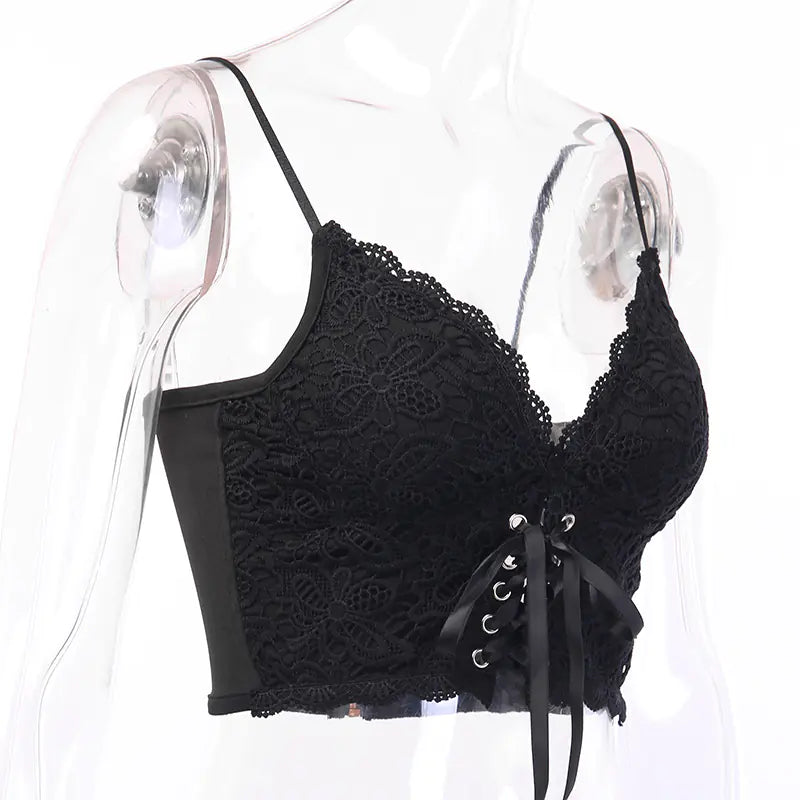 Luxury black lace tank top featuring a sexy lace design with adjustable front laces, perfect for chic night outs.