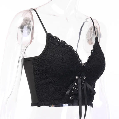 Luxury black lace tank top featuring a sexy lace design with adjustable front laces, perfect for chic night outs.