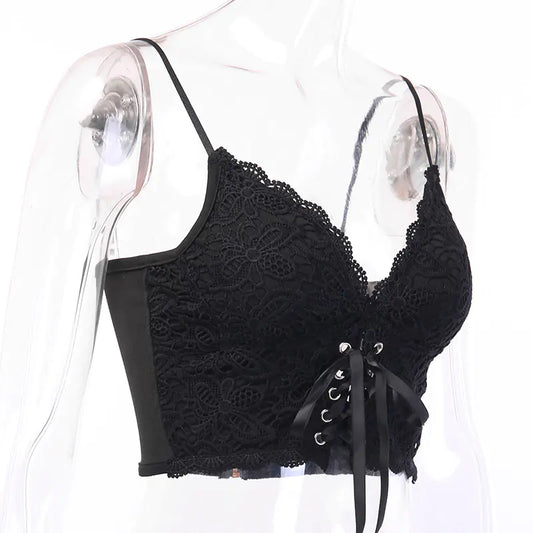 Luxury black lace tank top featuring a sexy lace design with adjustable front laces, perfect for chic night outs.