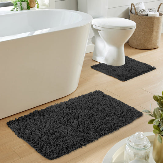 Stylish 50x80cm bath mat included in the Como 2 Piece Black Bath Mat Set, depicting plush texture ideal for enhancing modern bathroom aesthetics.