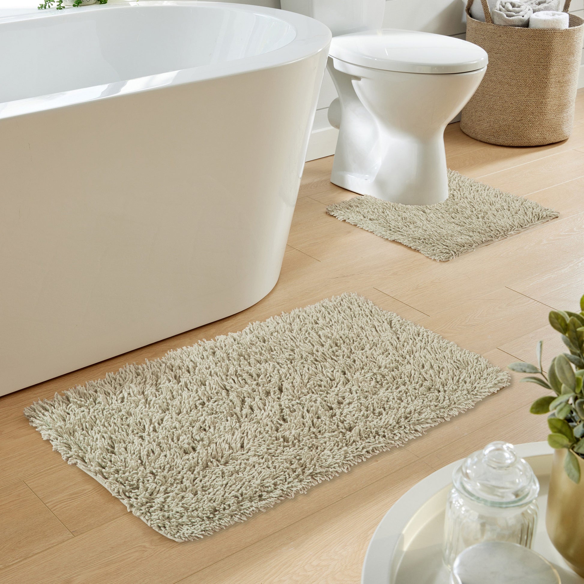Stylish Como Non-Slip Bath Mat Set by OLIVIA ROCCO, featuring the 50x80cm and 50x50cm designs in a timeless natural colour.