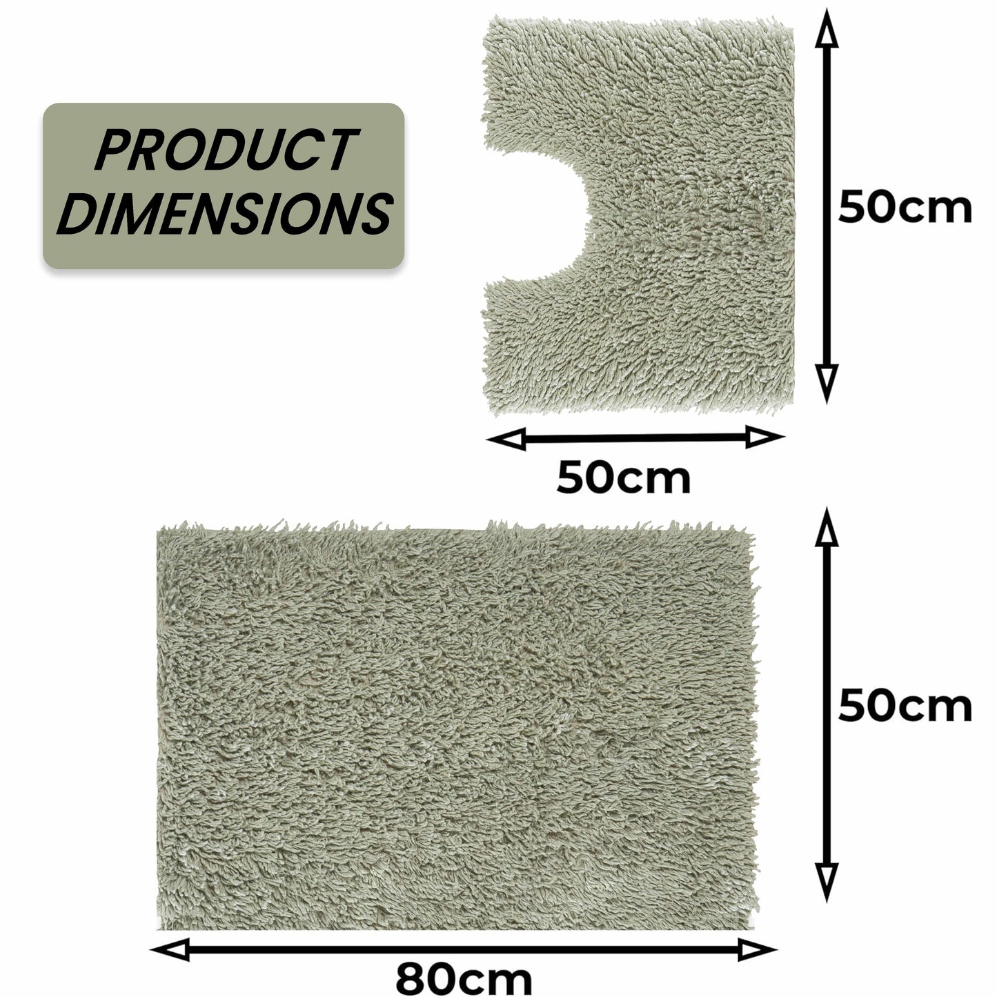 Stylish sage green bath mat set comprising a 50x80cm bath mat and a 50x50cm pedestal mat, crafted from plush cotton for a luxurious feel.