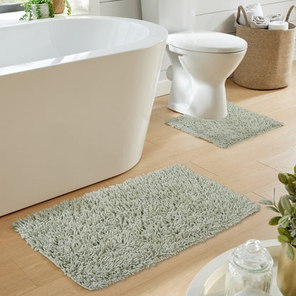 Non-slip Como Sage Green Bath Mat and Pedestal Mat set, perfect for adding elegance and practicality to your bathroom decor.
