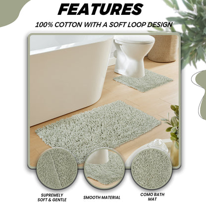 Como 2 Piece Sage Green Bathroom Mat Set showcasing non-slip and super absorbent cotton, ideal for adding a touch of luxury to your bathroom decor.