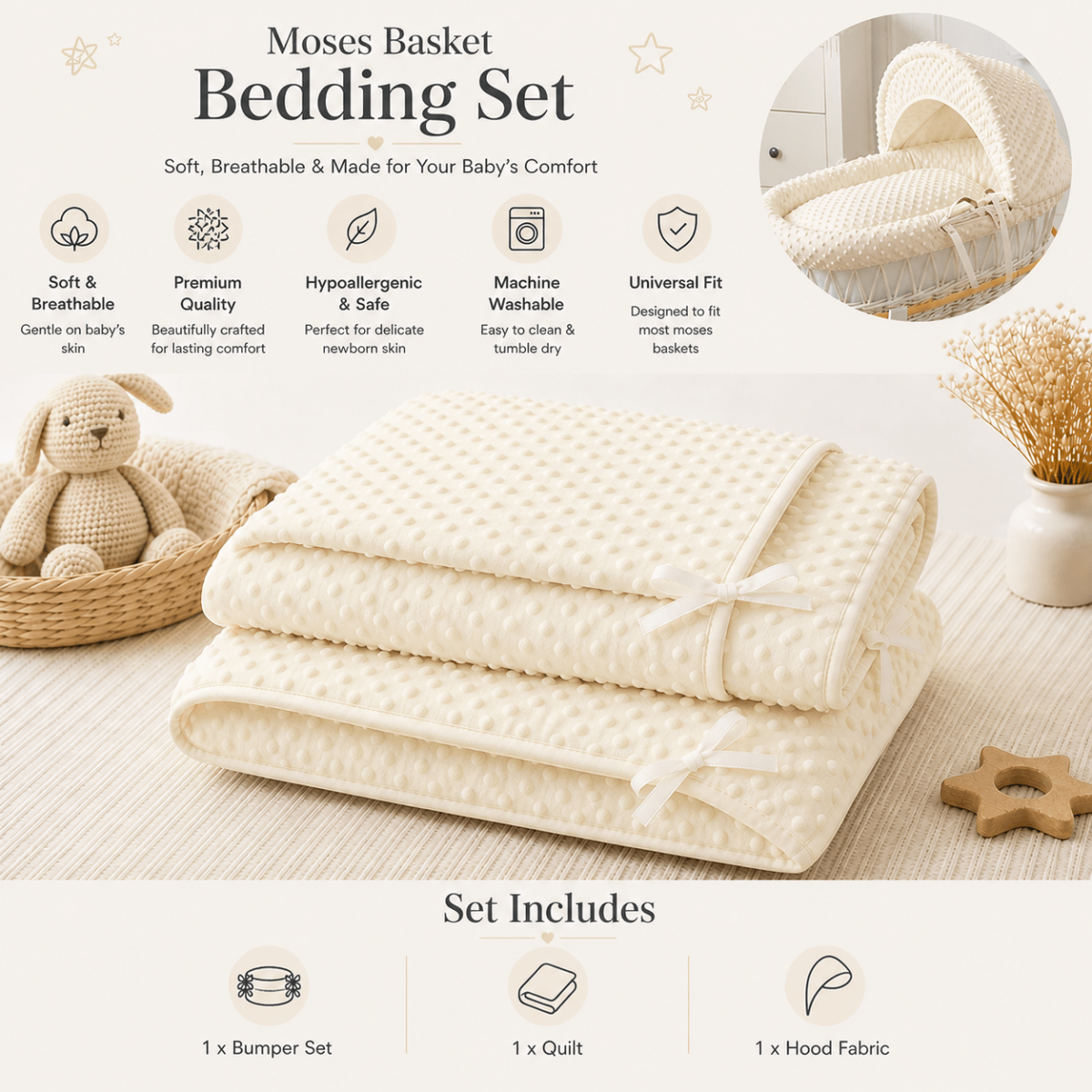 Cream Dimple Moses Basket Bedding Set