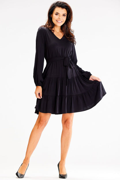 Elegant long sleeve flared daydress by Awama featuring ruffles and a stylish belt, perfect for a luxurious day out.