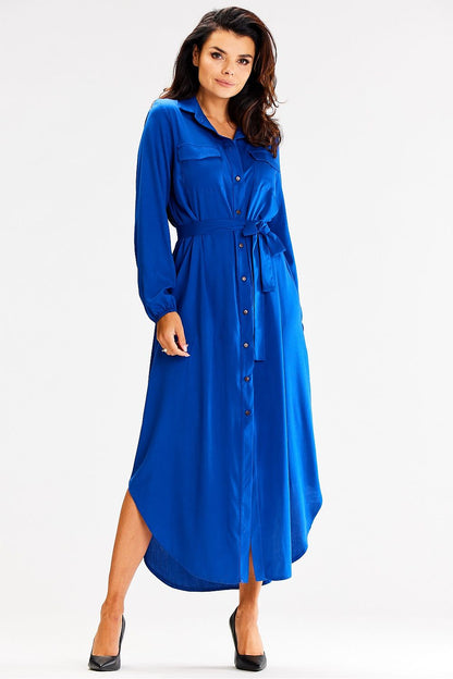 Fashionable Awama loose maxi dress designed for comfort and style, complete with long sleeves, waist tie, and a buttoned front for a refined appearance.