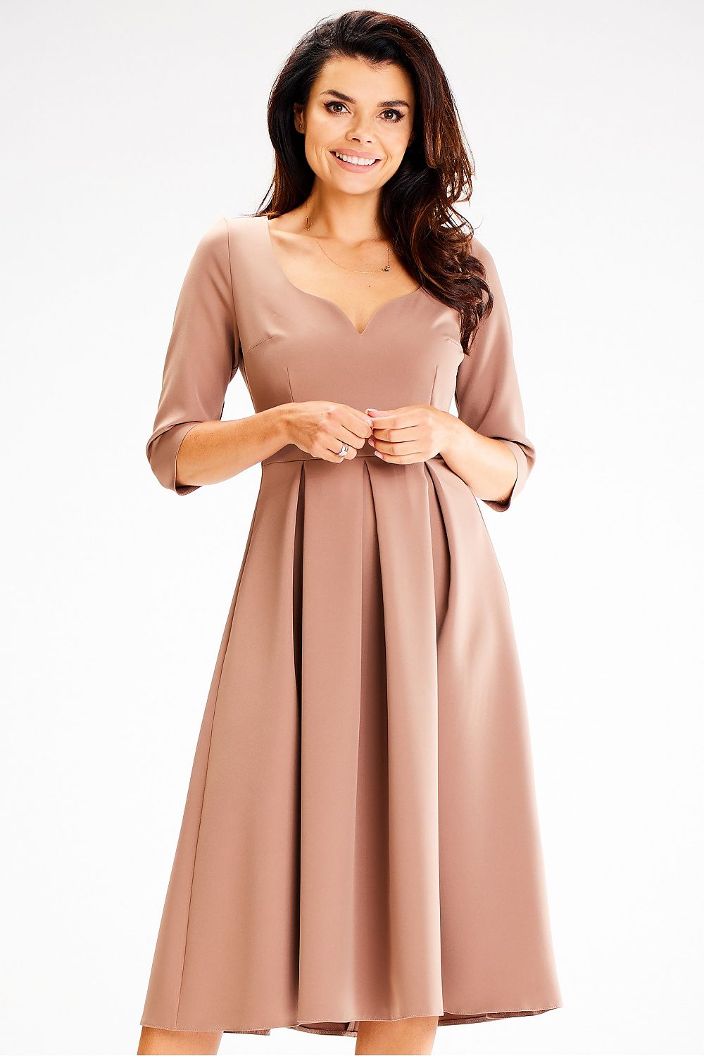 Luxurious Awama Daydress featuring a unique neckline and elegant flared design, perfect for formal occasions.
