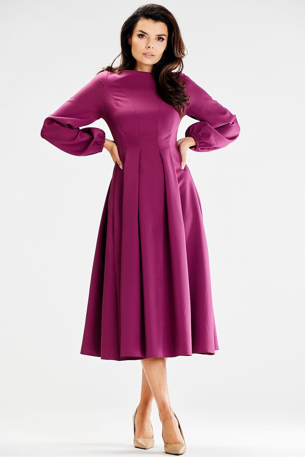 Elegant Awama midi blouson dress featuring long sleeves and a sophisticated boat neckline, ideal for formal meetings and events.