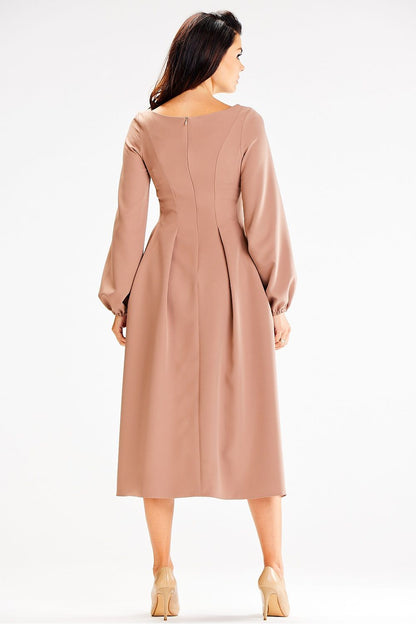 Elegant Awama Midi Blouson Dress featuring long sleeves and a sophisticated boat neckline, perfect for luxurious occasions.
