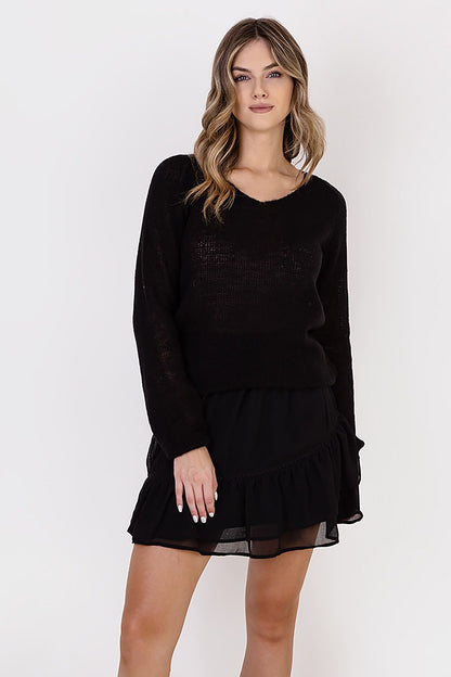 MKM Lightweight Transparent Sweater showcasing elegant raglan sleeves in a minimalist style, perfect for effortless layering in colder seasons.