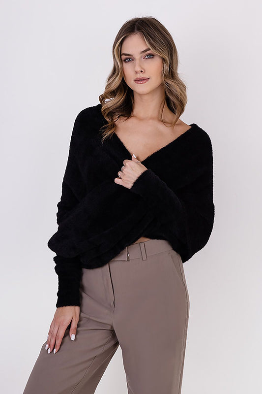 Luxury MKM Bristle Yarn Jumper Sweater featuring a deep neckline and versatile sleeve options, perfect for autumn-winter fashion.
