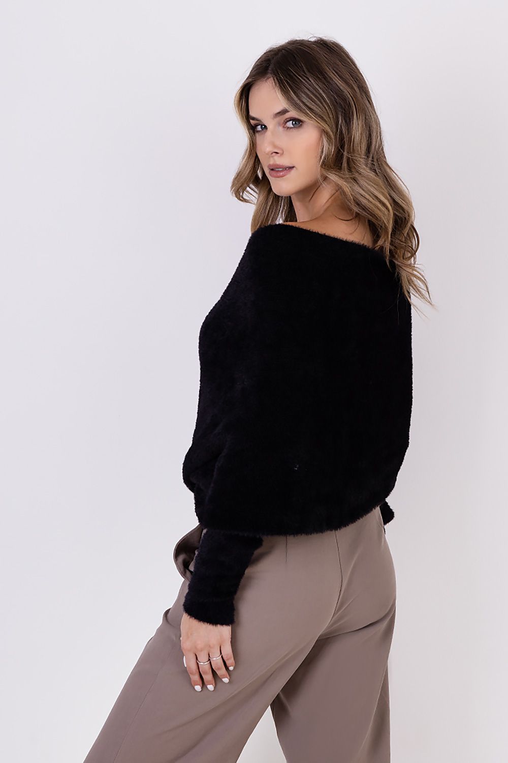 Luxury MKM Bristle Yarn Jumper Sweater showcasing its alluring deep neckline and soft texture, perfect for autumn-winter fashion.