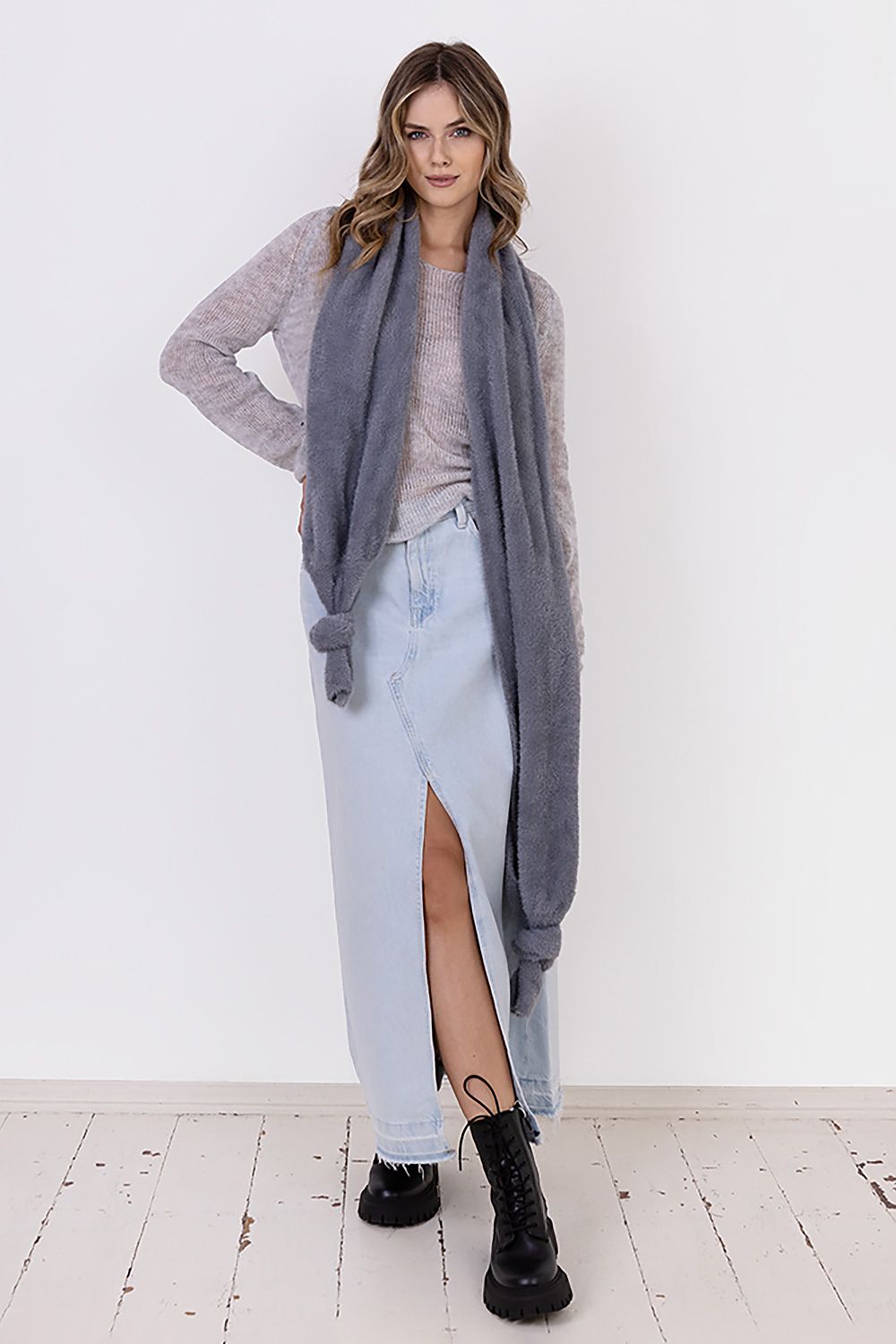 MKM Bristle Yarn Jumper Sweater close-up capturing the luxurious bristle yarn texture, a sophisticated choice for autumn-winter wear.