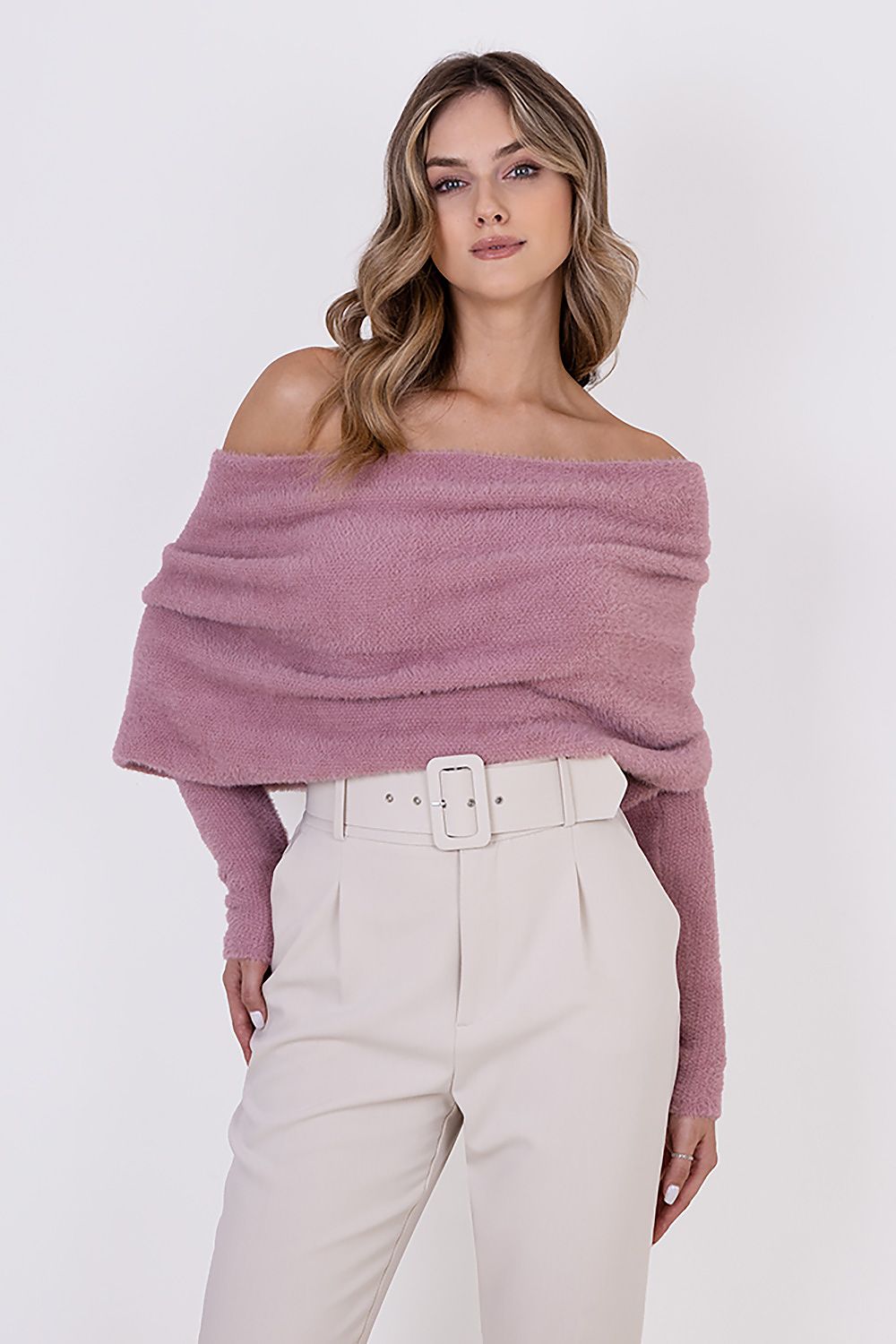 Fashionable MKM Bristle Yarn Jumper Sweater in model styling, demonstrating its chic appeal and deep neckline for a modern look.