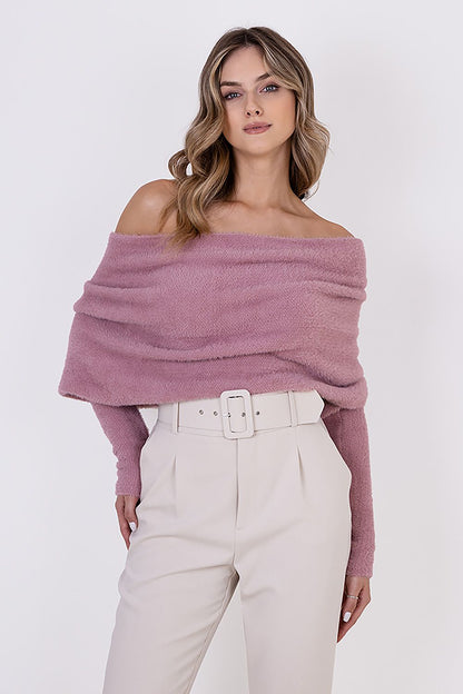 Fashionable MKM Bristle Yarn Jumper Sweater in model styling, demonstrating its chic appeal and deep neckline for a modern look.