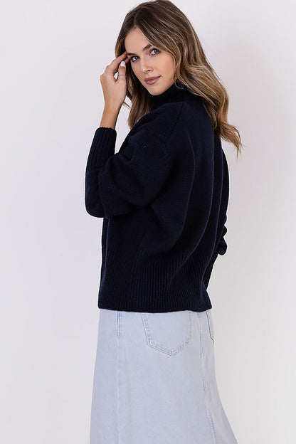 MKM Elegant Soft Turtleneck Sweater displayed in chic casual style, featuring ribbed trim and warm collar, perfect for stylish layering.