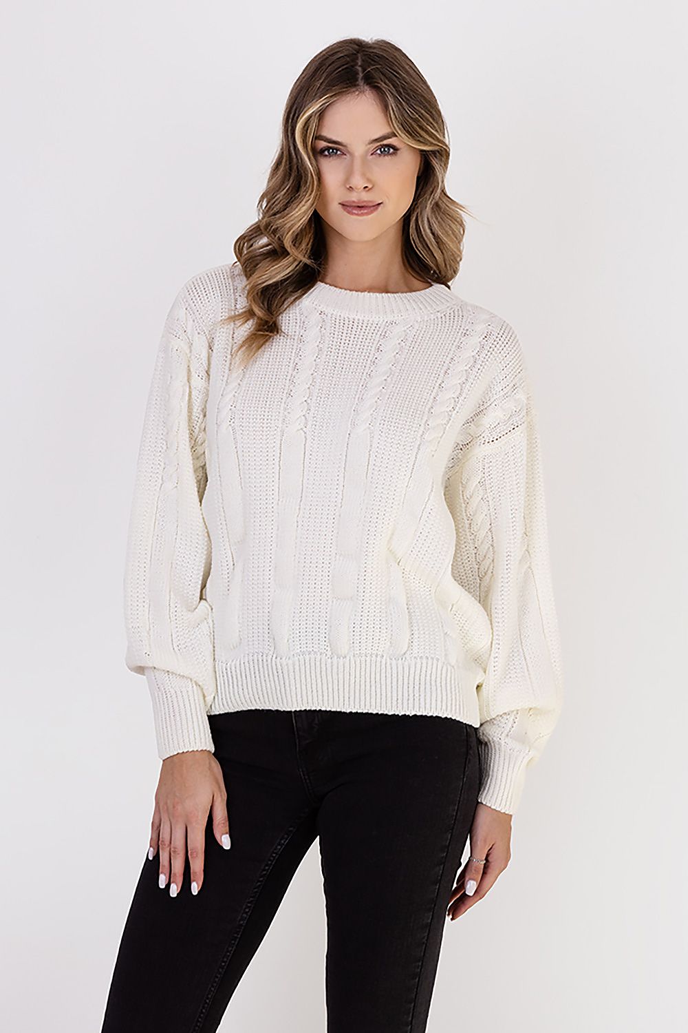 MKM Women's Luxurious Jumper displayed on a model, emphasizing the graceful wide sleeves and ribbed hem for a stylish silhouette.