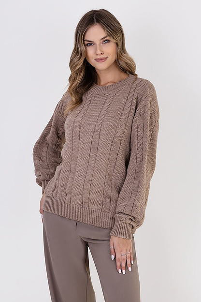 MKM women's luxurious wide sleeve jumper displayed on a mannequin, highlighting its exquisite vertical half-quartz pattern and comfortable fit, ideal for a chic winter style.