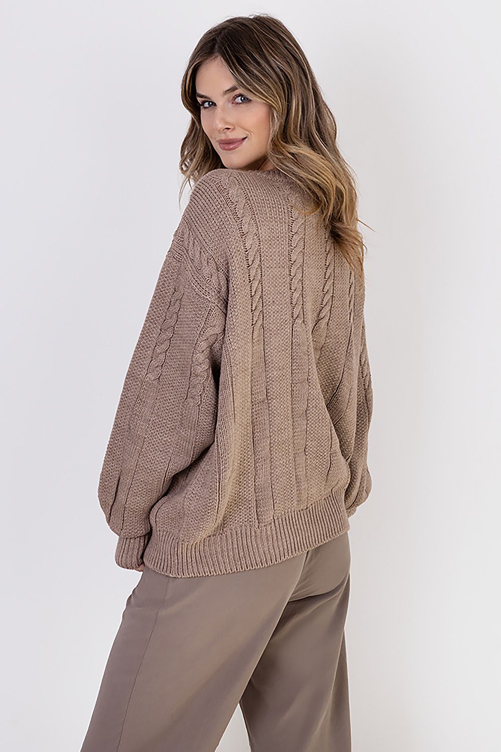 Stylish MKM women's luxurious wide sleeve jumper, elegantly draped to showcase the intricate vertical half-quartz design, a blend of high-quality materials reflecting timeless fashion.