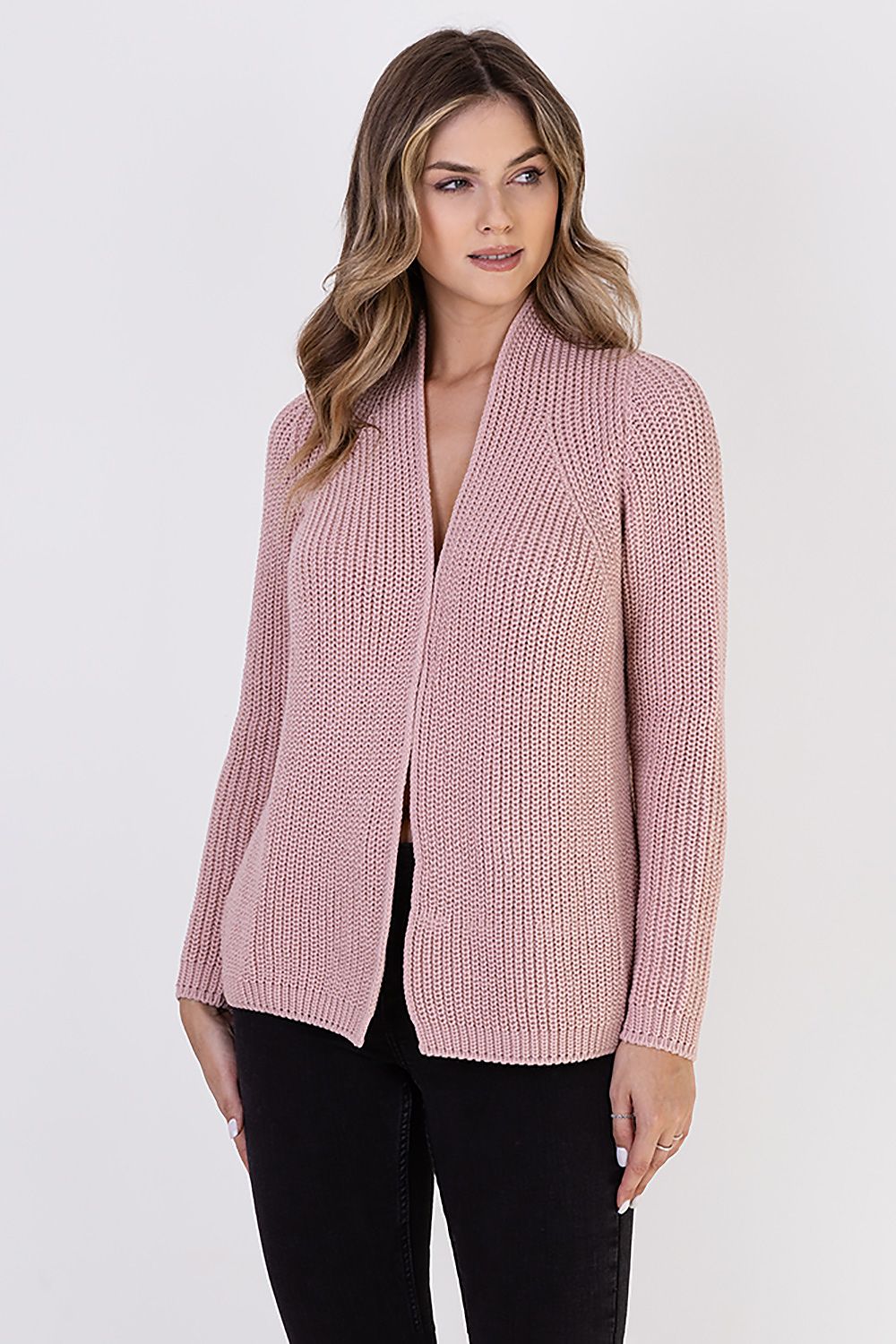 Luxurious MKM ribbed cardigan with stand-up collar, crafted from a soft wool blend, ideal for elegant and casual outfits.