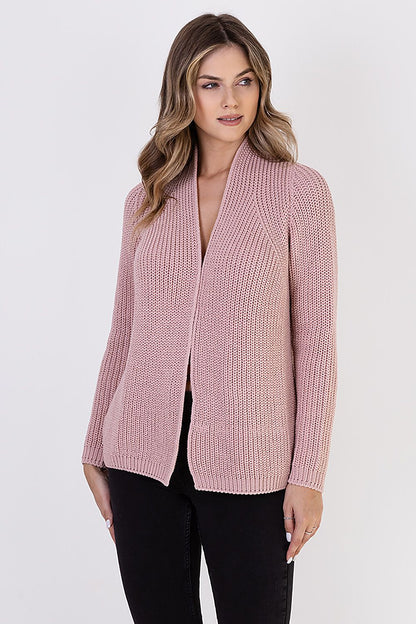 Luxurious MKM ribbed cardigan with stand-up collar, crafted from a soft wool blend, ideal for elegant and casual outfits.