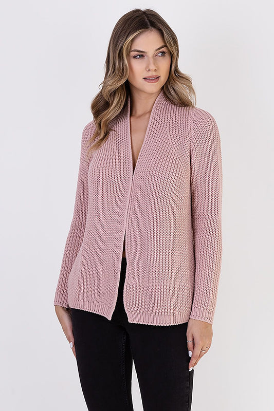 Luxurious MKM ribbed cardigan with stand-up collar, crafted from a soft wool blend, ideal for elegant and casual outfits.