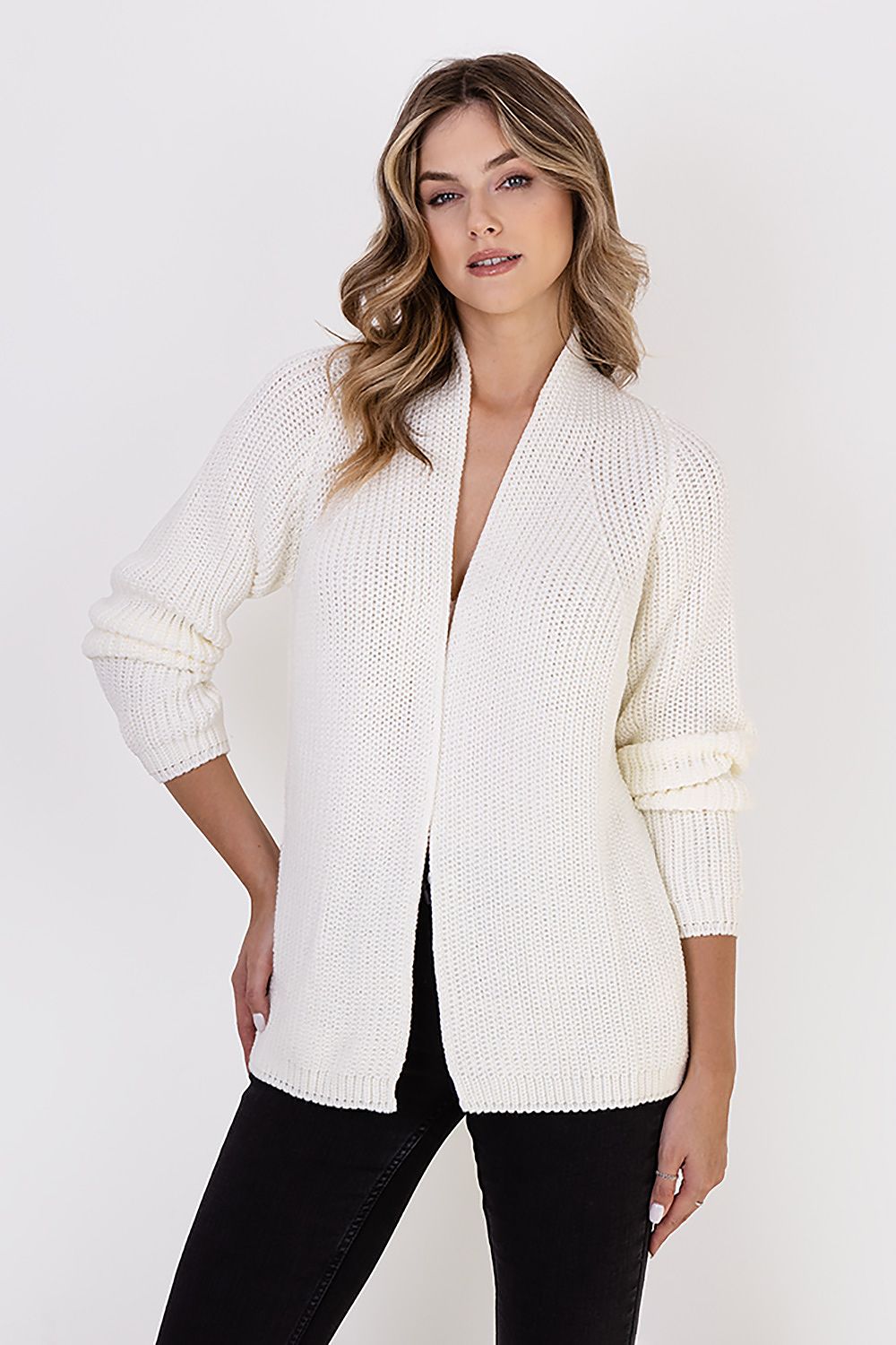 MKM soft wool blend ribbed cardigan, designed for a flattering silhouette with a stylish stand-up collar.