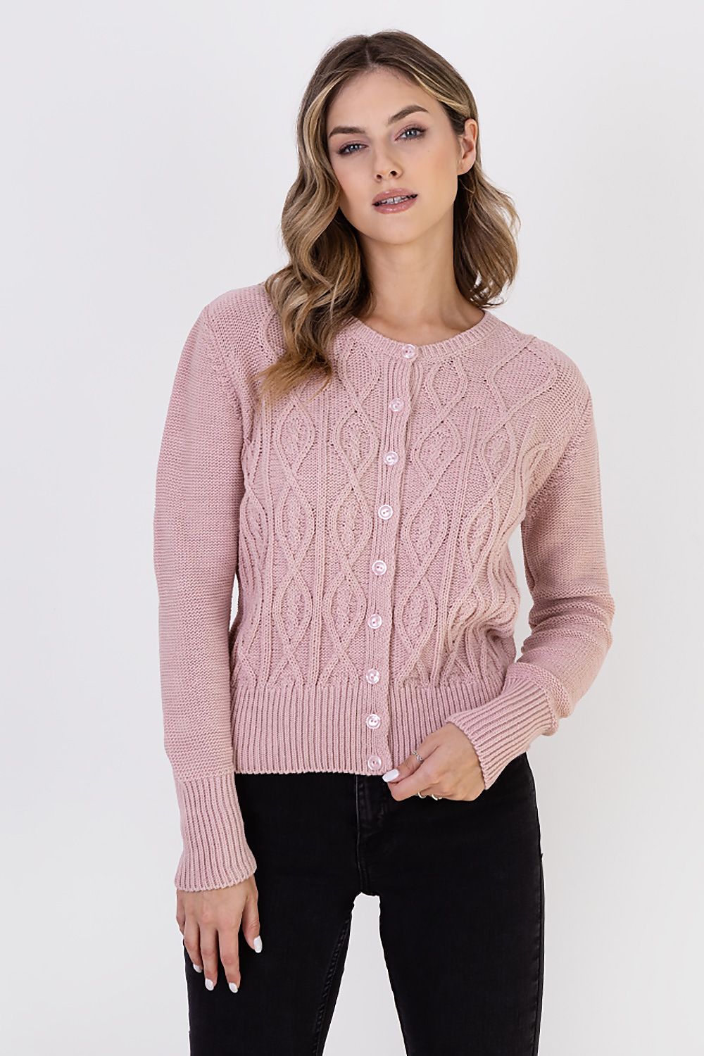MKM Elegant Hip-Length Cardigan showcasing a round neckline and exquisite decorative weaves, crafted from 90% acrylic and 10% wool, perfect for both casual and formal occasions.