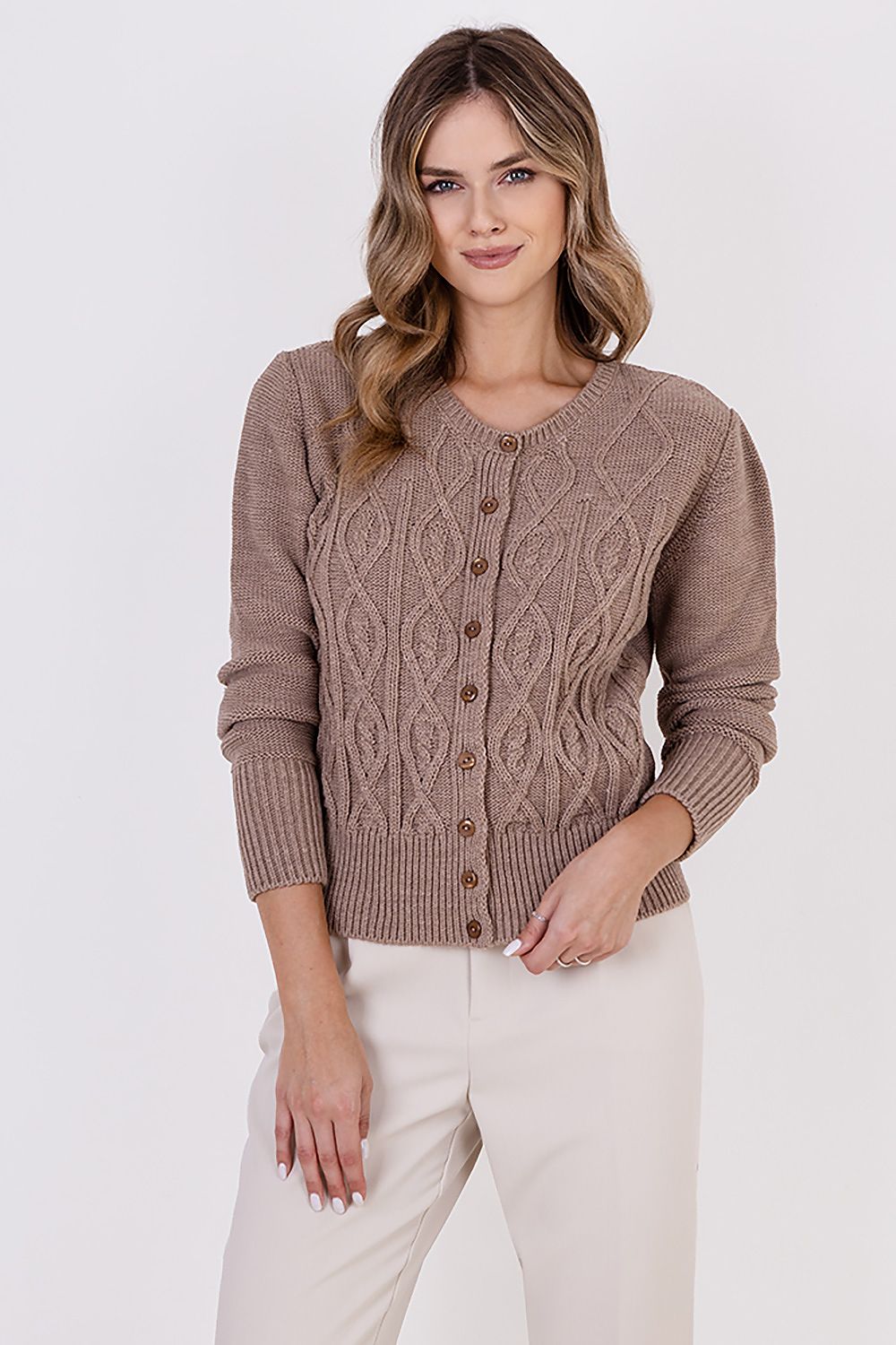 Model wearing MKM hip-length cardigan, highlighting the stylish round neckline and ribbed cuffs, suitable for both casual and formal events.