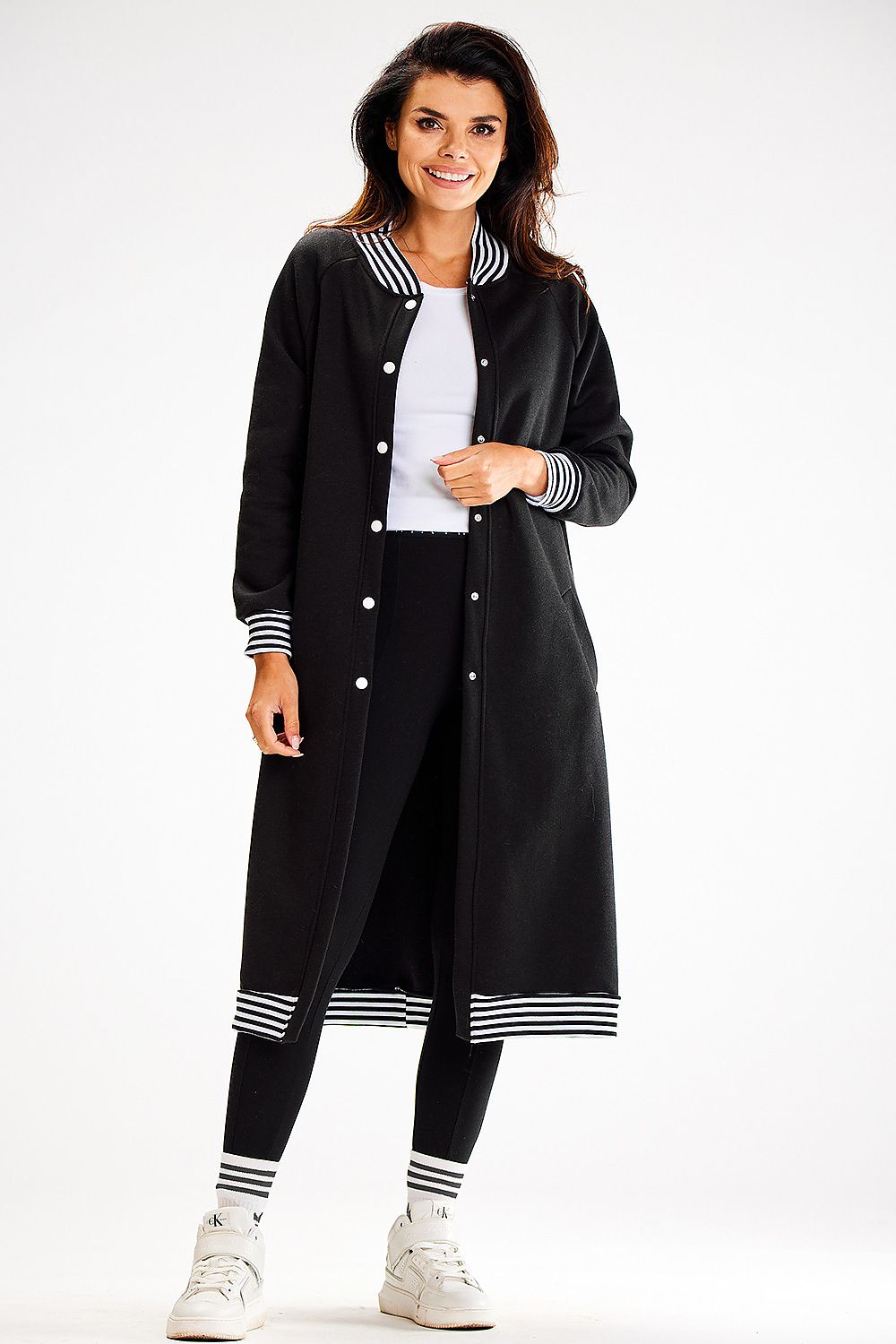 Elegant long sweatshirt with decorative striped ribbing and side slip pockets by Awama, showcasing a luxurious design.