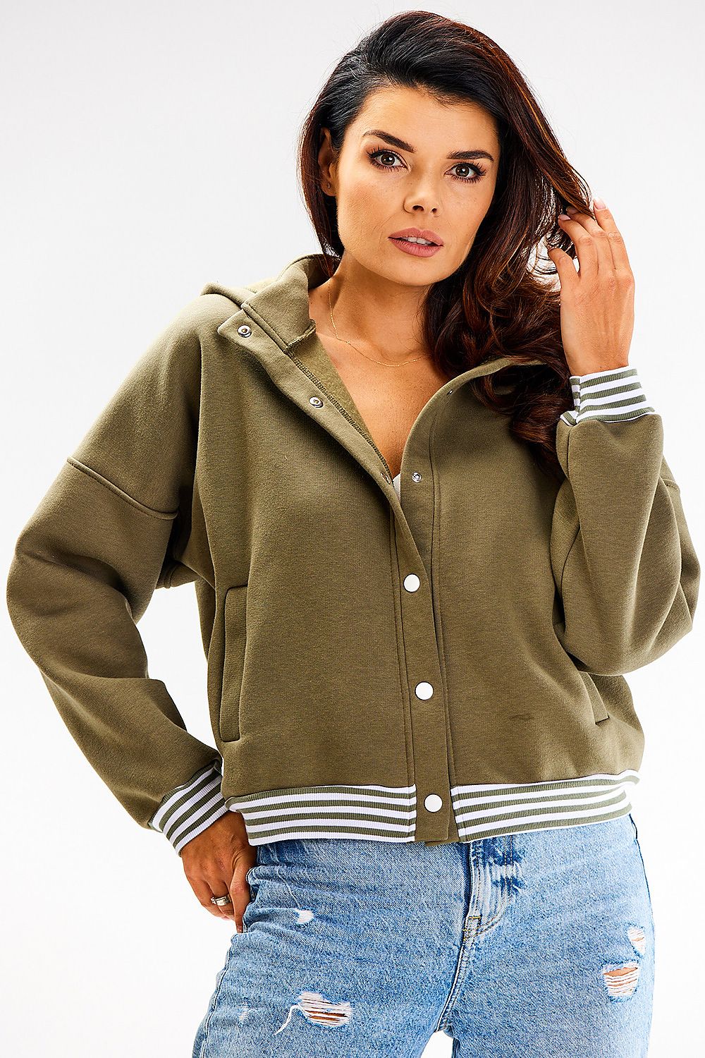 Luxury hooded bomber sweatshirt by Awama featuring decorative striped ribbing and a refined design.