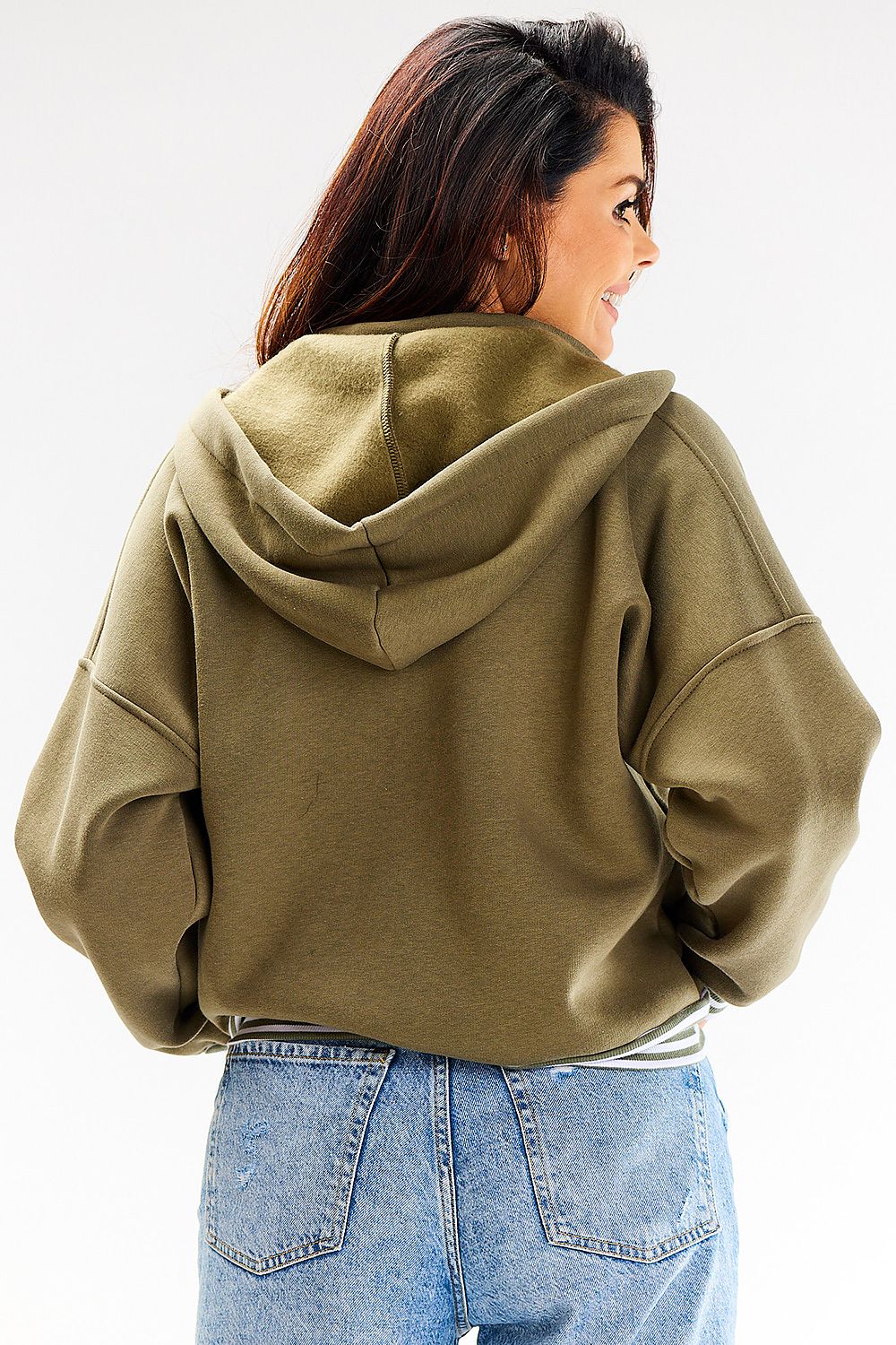 Stylish bomber hoodie by Awama showcasing white press stud fastenings and trendy slip pockets.