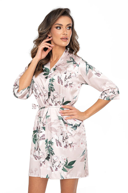 Elegant Nelly Satin Bathrobe by Donna, featuring a luxurious floral silk design in powder pink, perfect for a sophisticated loungewear experience.