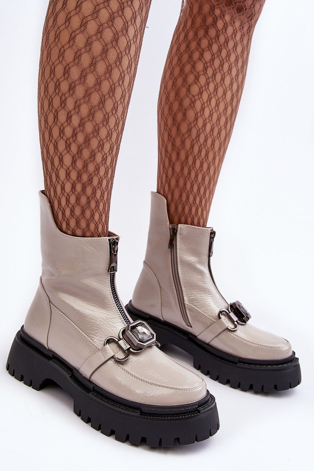 Elegant women's eco leather boots with crystal detailing and insulated interior by Step in Style, showcasing a stylish flat heel and side zipper for luxurious comfort and fashion.
