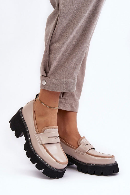 Elegant view of Step in Style's eco leather moccasins, designed with a chic studded platform and natural leather insole, ideal for stylish autumn and spring outfits.